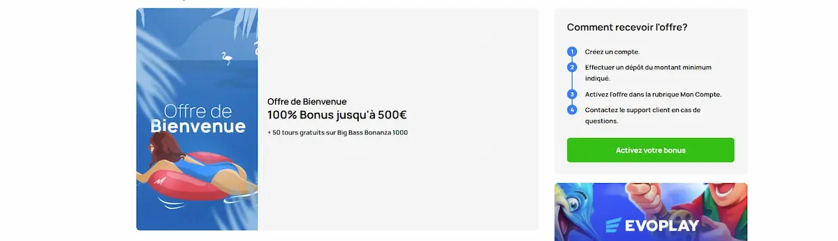 Interface montrant les étapes d'activation du bonus de bienvenue exclusif sur Millionz.