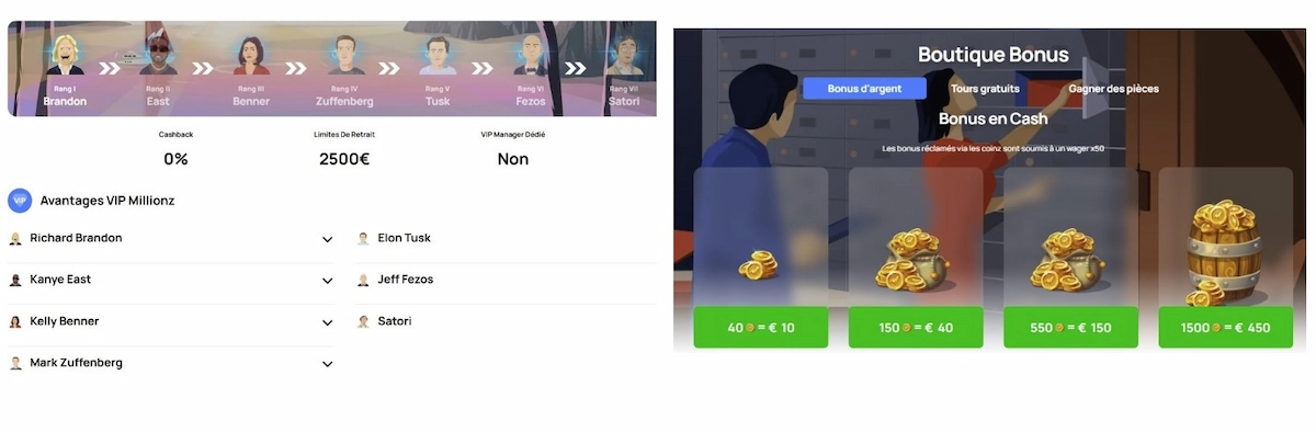 Boutique VIP Millionz permettant d'échanger vos pièces contre divers bonus exclusifs.